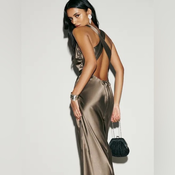 NEW Reformation Backless Satin Dress in Olive - Picture 2 of 13